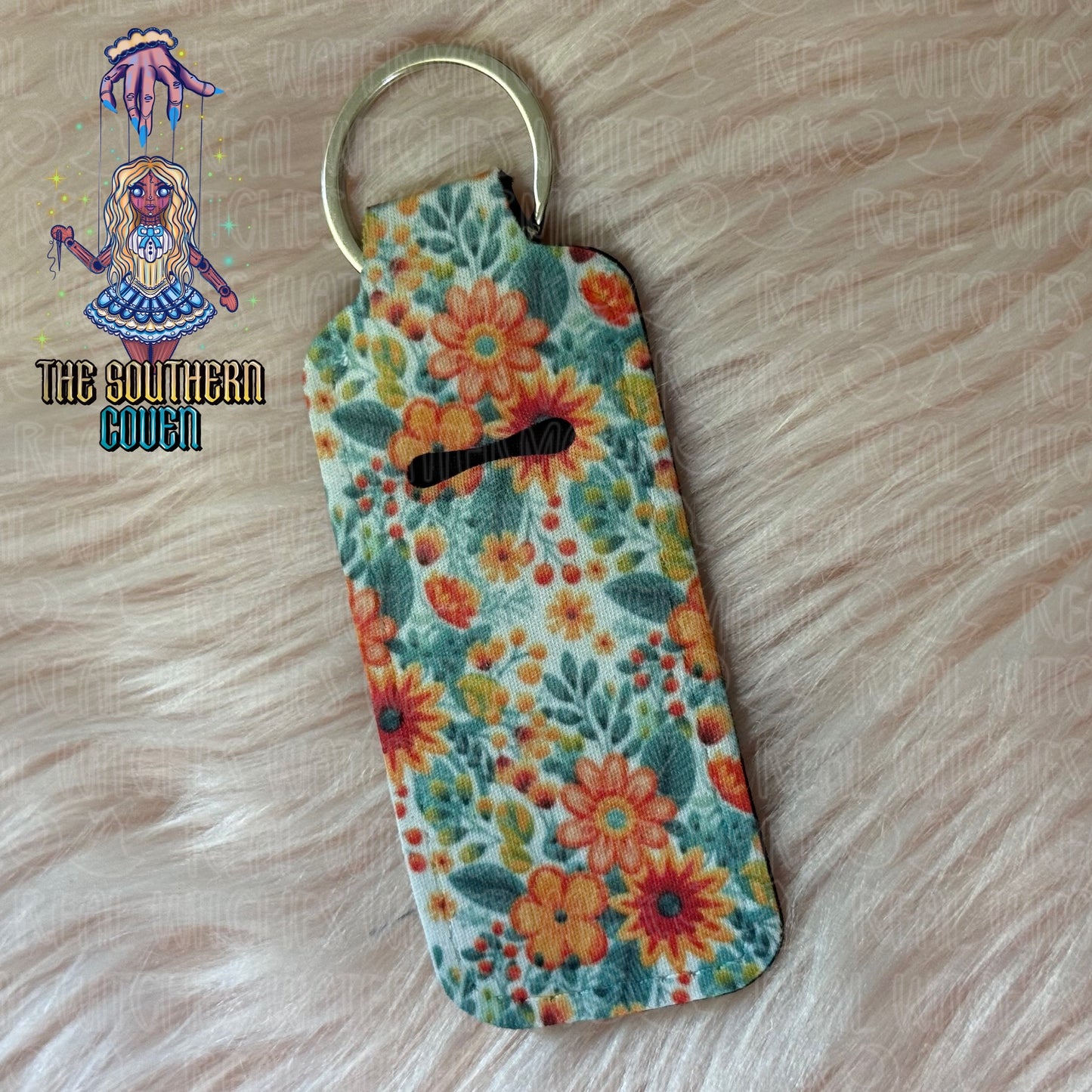 Chapstick Holder - Embroidered Orange Floral