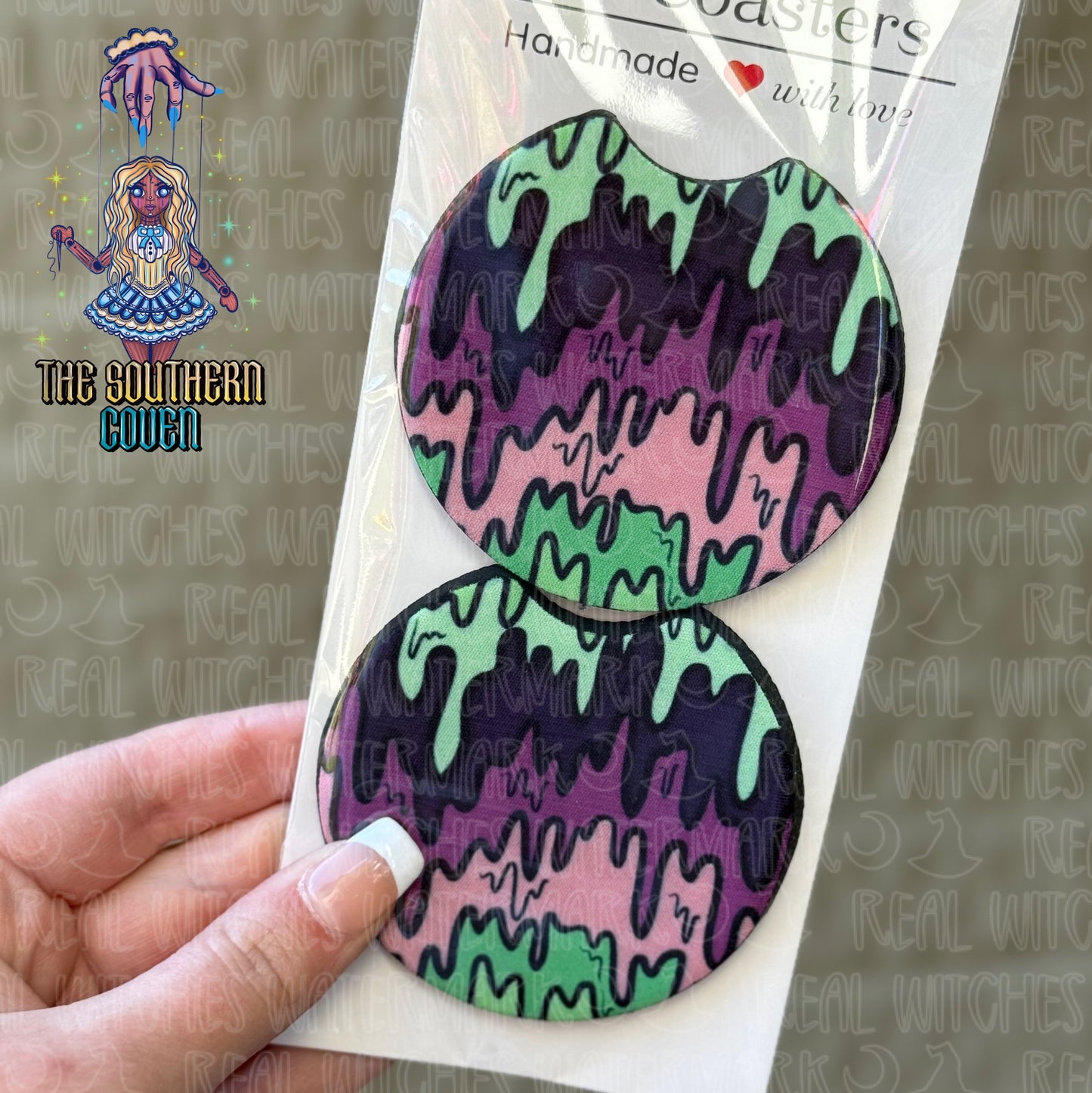 Car Coasters - Green Purple Drip