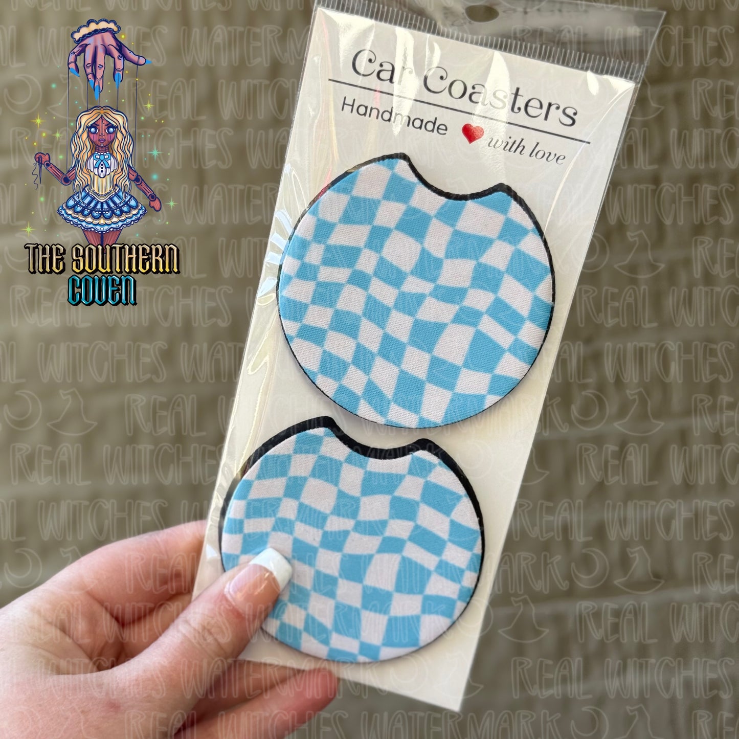 Car Coasters - Teal Wavy Checks