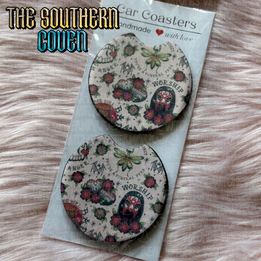 Car Coasters - Snooze Coins Tattoos Tan