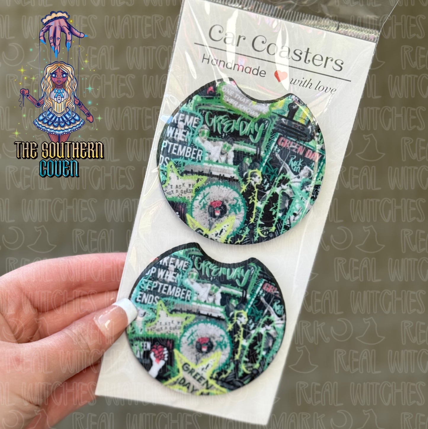 Car Coasters - Green Band Doodle