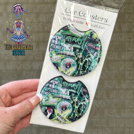 Car Coasters - Green Band Doodle